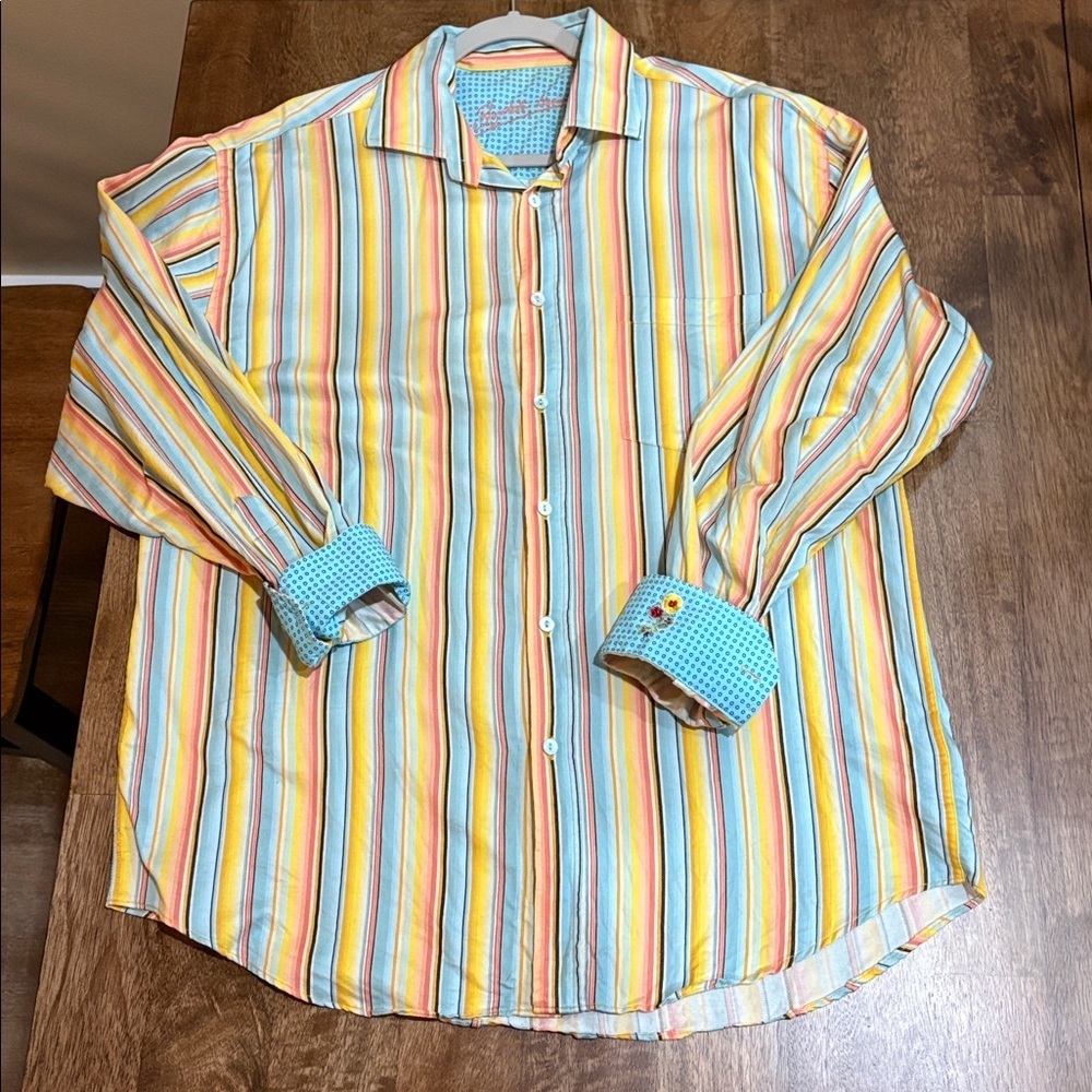 Bugatchi Uomo Men's Shirt Button Up Multicolor Stripe Rainbow Cotton Sz‎ L